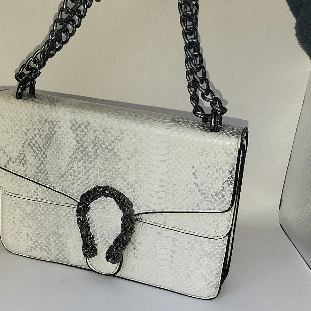Snake Print Silver & White Chain Strap   Bag